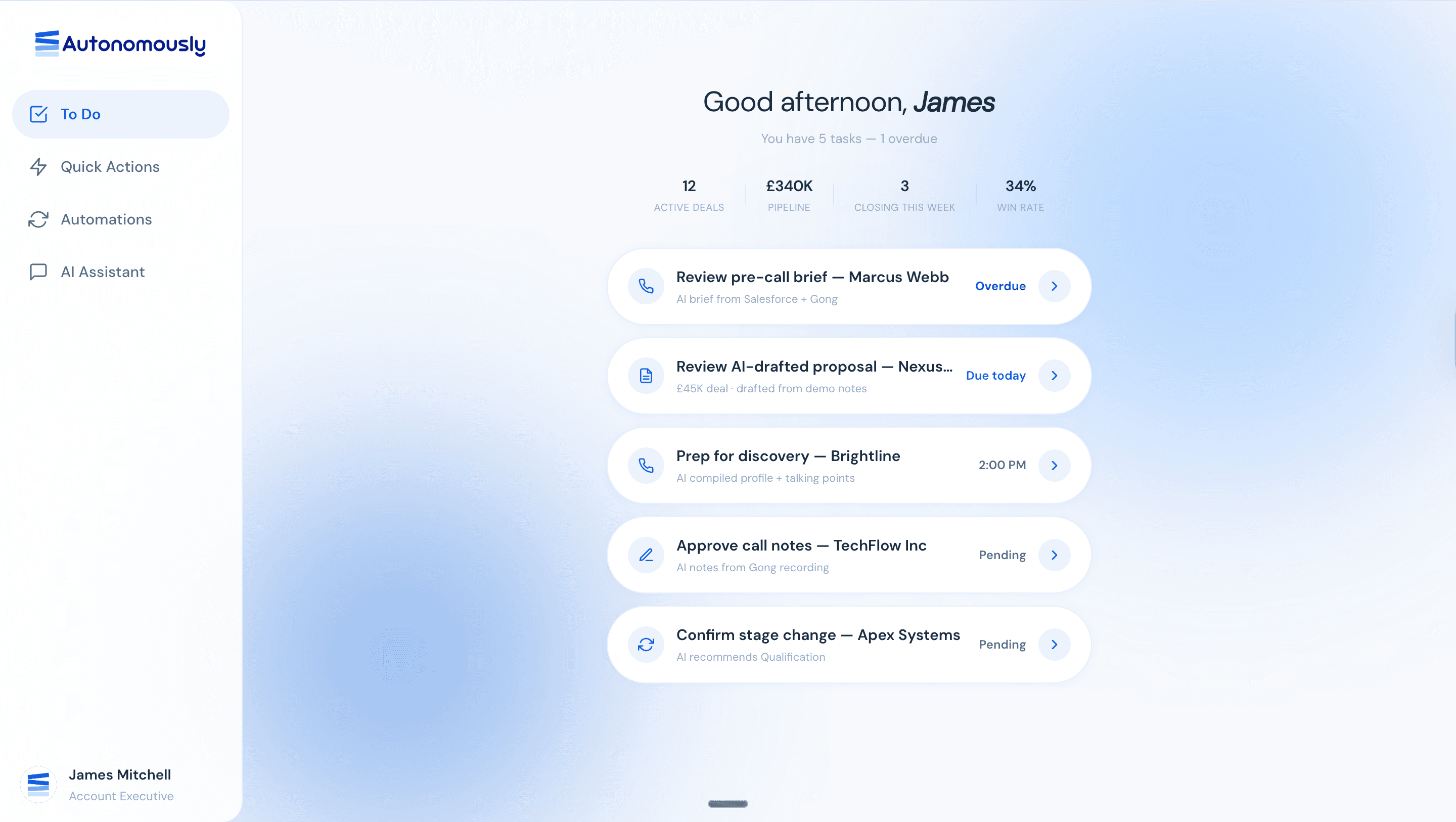 Weave OS — today's tasks for an account executive